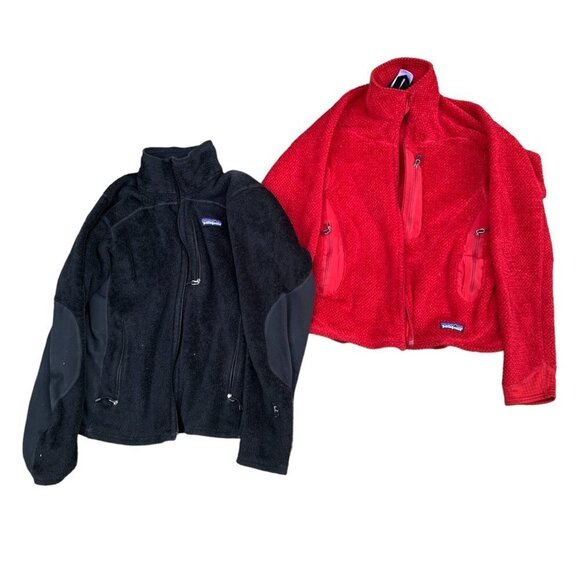 BUNDLE of 2 Patagonia Fleece Jacket Sweaters - Red and Black - BROKEN ZIPPERS - Picture 1 of 16